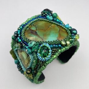 LARGE‎ Beaded Turquoise Boho Cuff Bracelet Adjustable Statement Chunky Bracelet